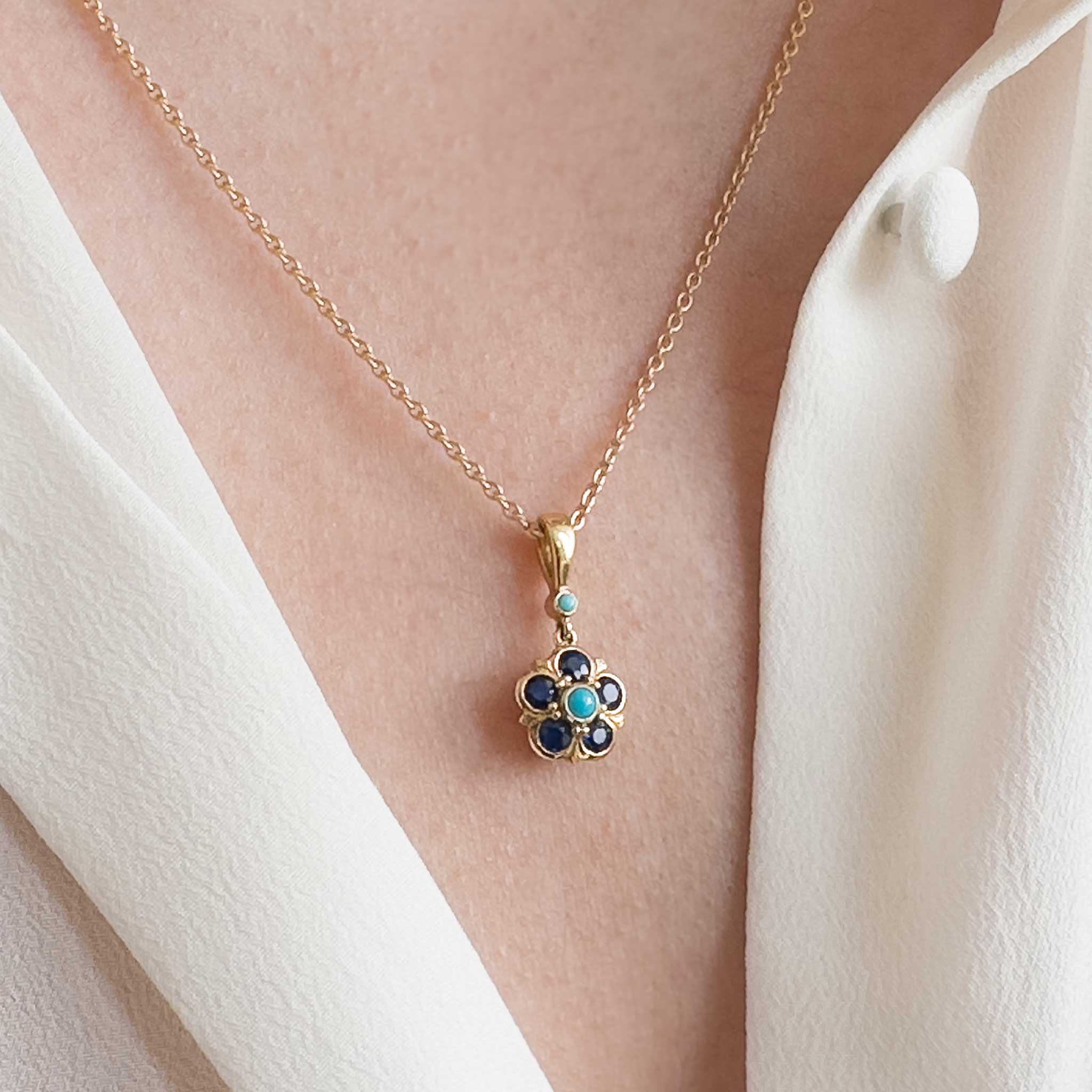 Sapphire and Turquoise Rose Pendant in 18ct Gold